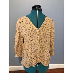 Show Me Your Mumu Tan and Purple Floral 3/4 Sleeve Button Down Blouse, size M